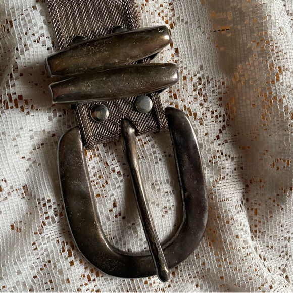 Vintage metal mesh chain mail heavy buckle silver belt S as is